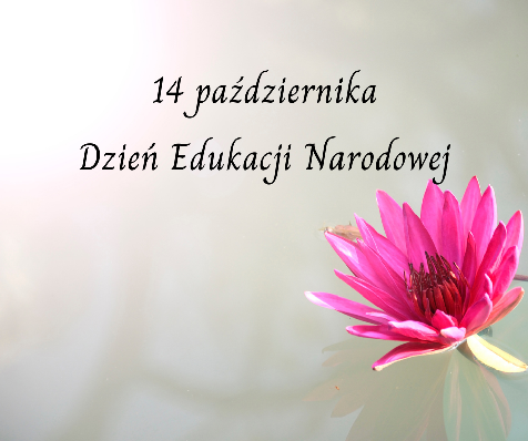 Grafika przedstawiająca różowy kwiat z napisem 14 października dzień edukacji narodowej