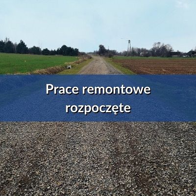 Grafika przedstawia drogę w miejscowości Świniów. Na grafice widnieje napis "Remonty nawierzchni rozpoczete".